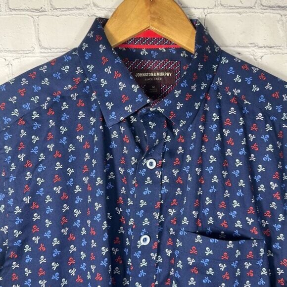 Johnston & Murphy Skull Shirt Mens Medium Blue Crossbones All Over Print AOP - Picture 2 of 9